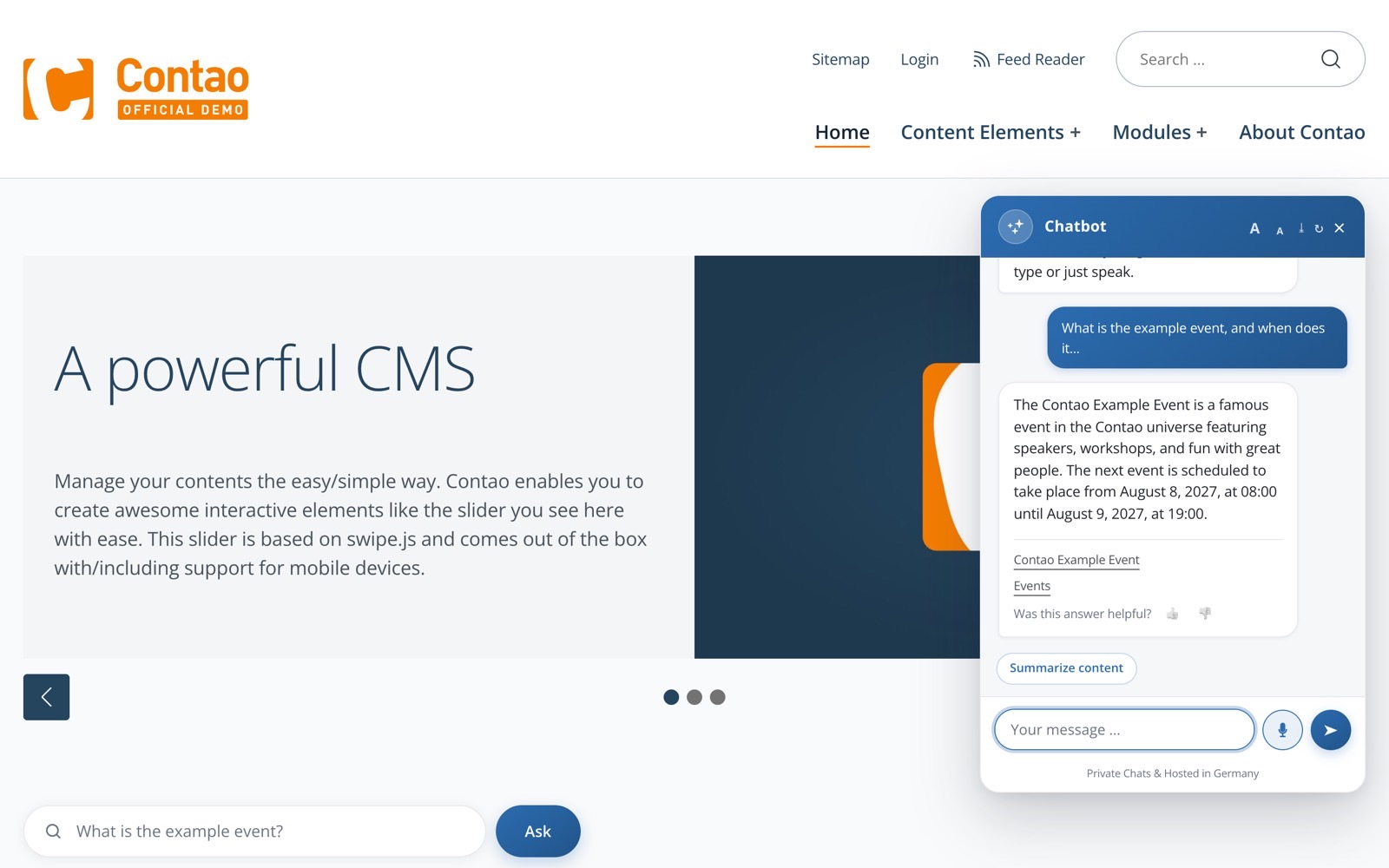 Chat-Widget auf einer Website mit Frage, Antwort, Quellenlinks, Mikrofon-Knopf und Hinweis „Private Chats &amp; Hosted in Germany“
