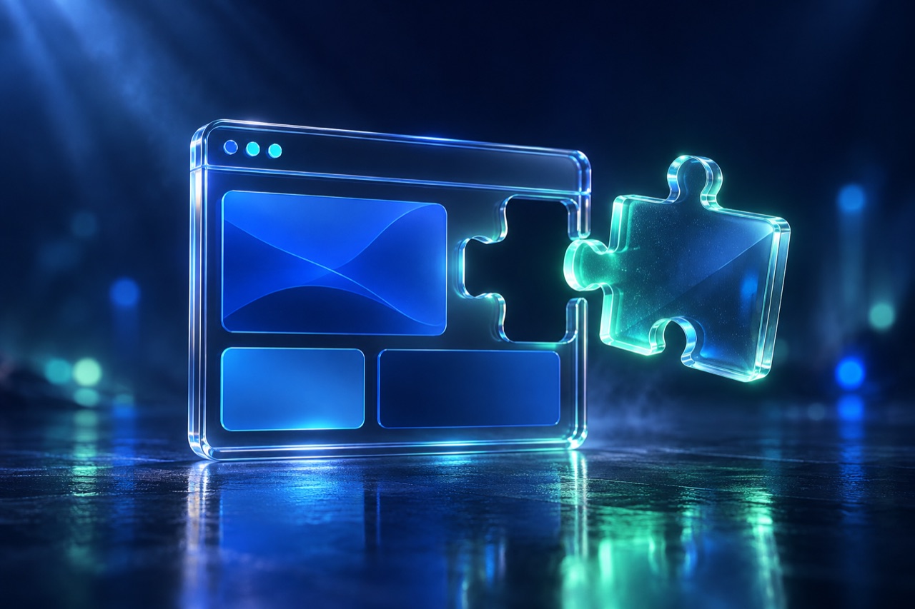 Gläsernes Puzzleteil wird in ein Browserfenster gesteckt, Sinnbild für das WordPress-Plugin